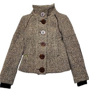 Soia Kyo Womens Sz XS Tweed Wool Jacket Designer Quality Big Button Elbow Pads